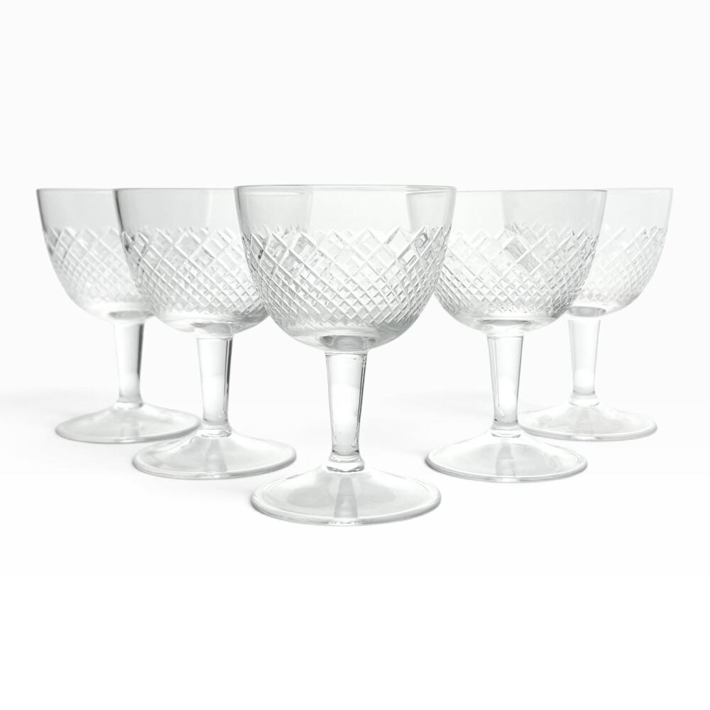 1950s Vintage Mid-century 5 Cordial Wine Glasses Criss-Cross Cuts 3 1/2” 3oz